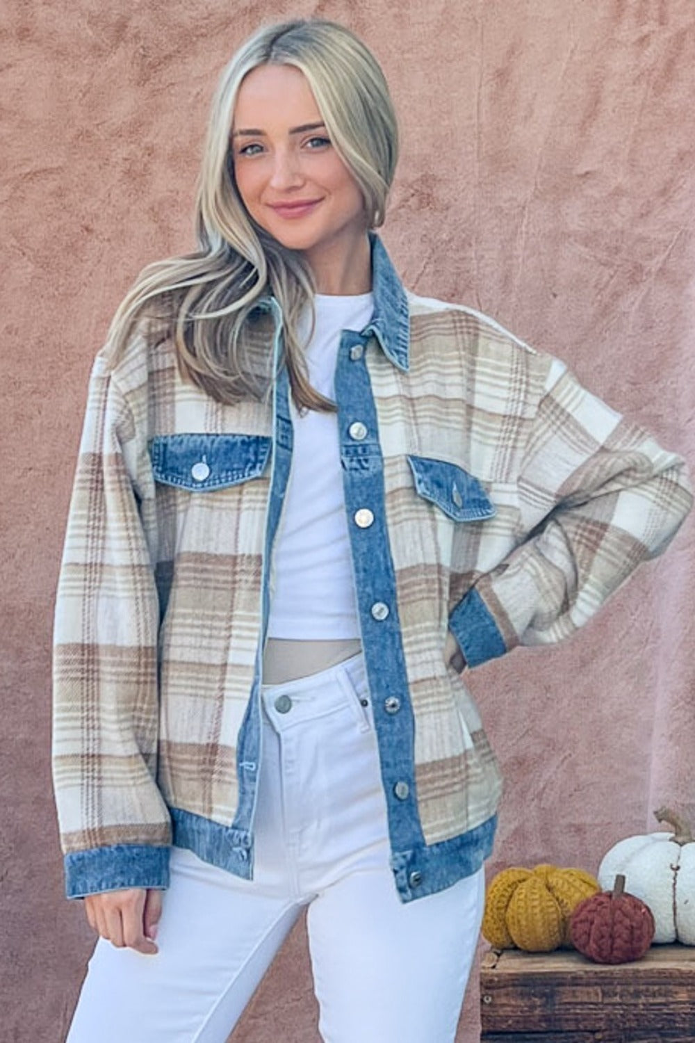 And The Why Full Size Washed Denim Detail Brushed Plaid Jacket And The Why Full Size Washed Denim Detail Brushed Plaid Jacket - TopFashionHQ