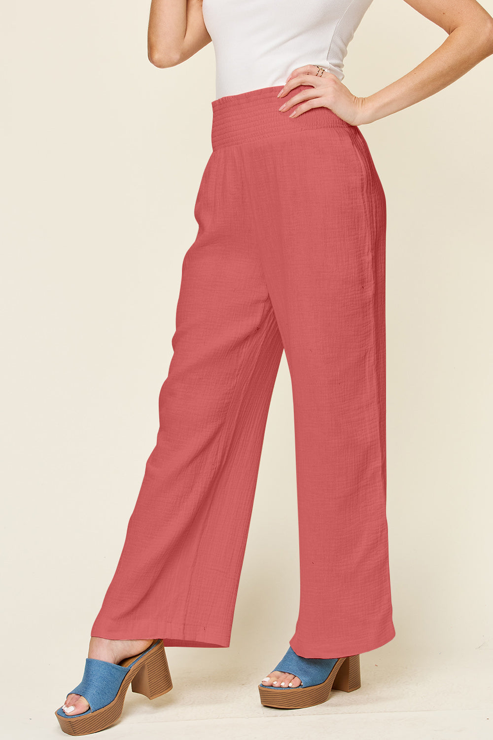 Double Take Full Size Texture Smocked Waist Wide Leg Pants Double Take Full Size Texture Smocked Waist Wide Leg Pants