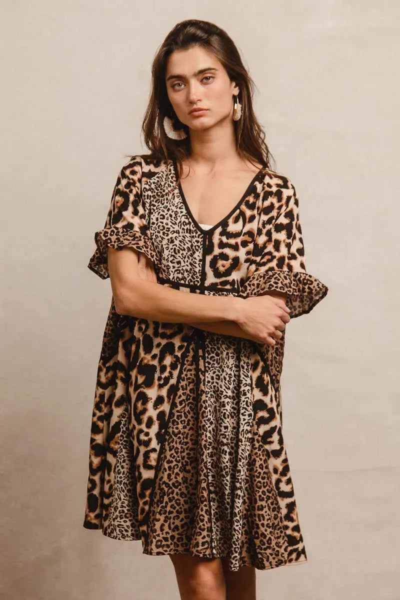 BiBi Leopard Prints Mix and Match Short Sleeves Dress BiBi Leopard Prints Mix and Match Short Sleeves Dress