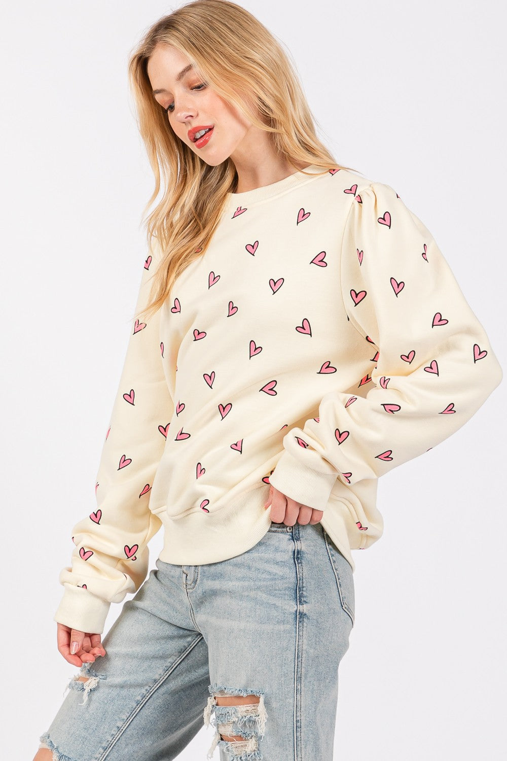 SAGE + FIG Heart Printed Contrast Long Sleeve Sweatshirt SAGE + FIG Heart Printed Contrast Long Sleeve Sweatshirt