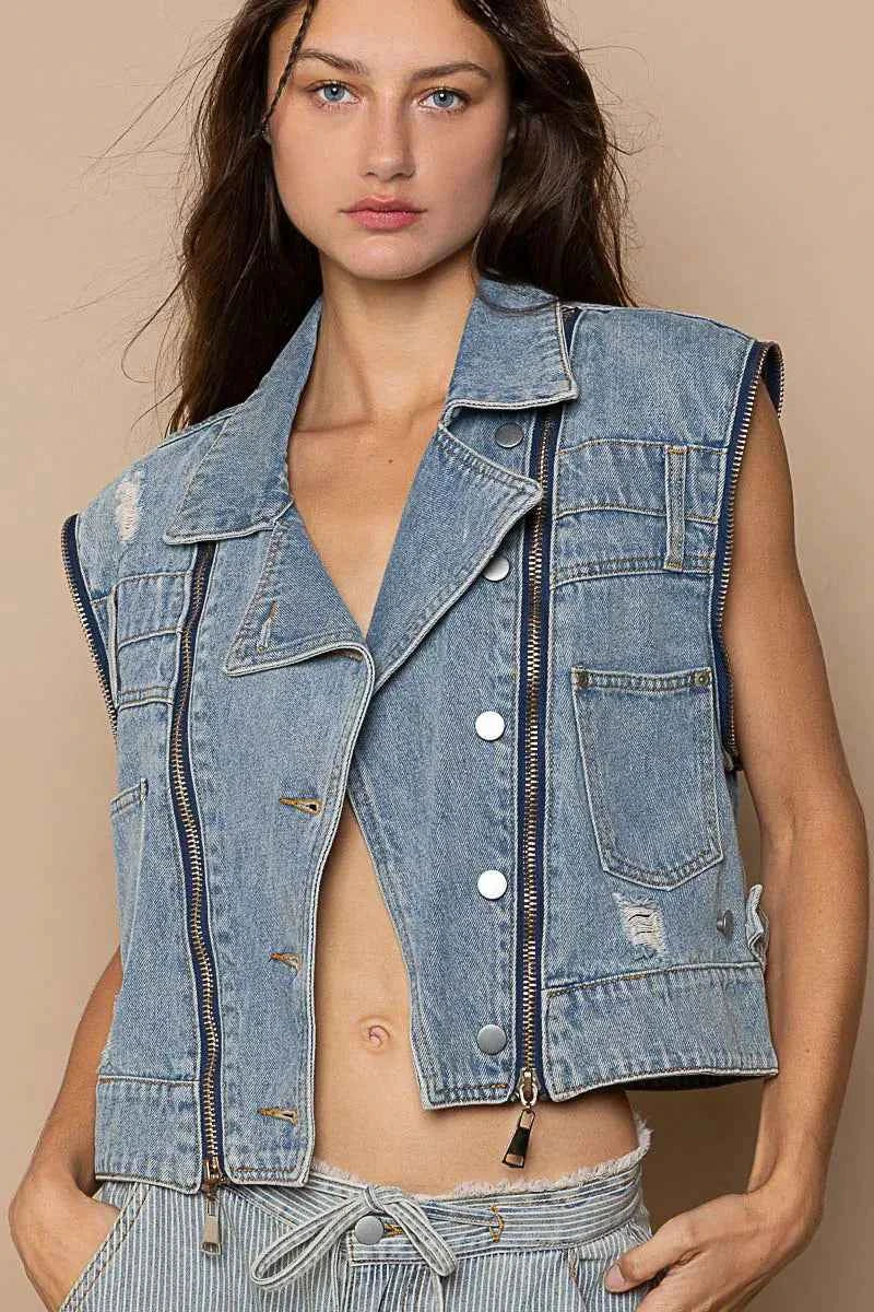 POL Cropped Denim Jacket with Functional Zipper Detail POL Cropped Denim Jacket with Functional Zipper Detail