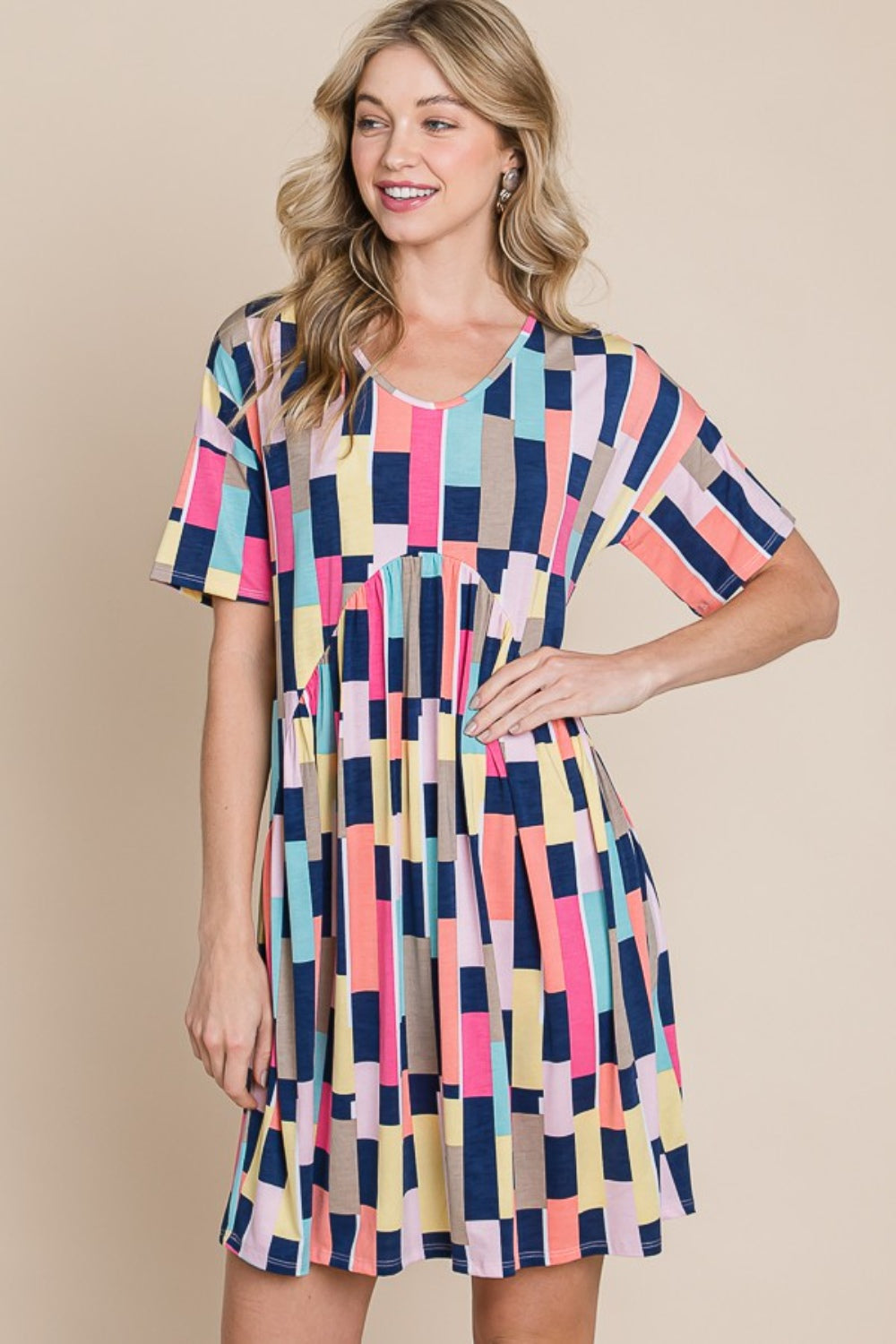 BOMBOM Ruched Color Block Short Sleeve Mini Dress BOMBOM Ruched Color Block Short Sleeve Mini Dress - TopFashionHQ