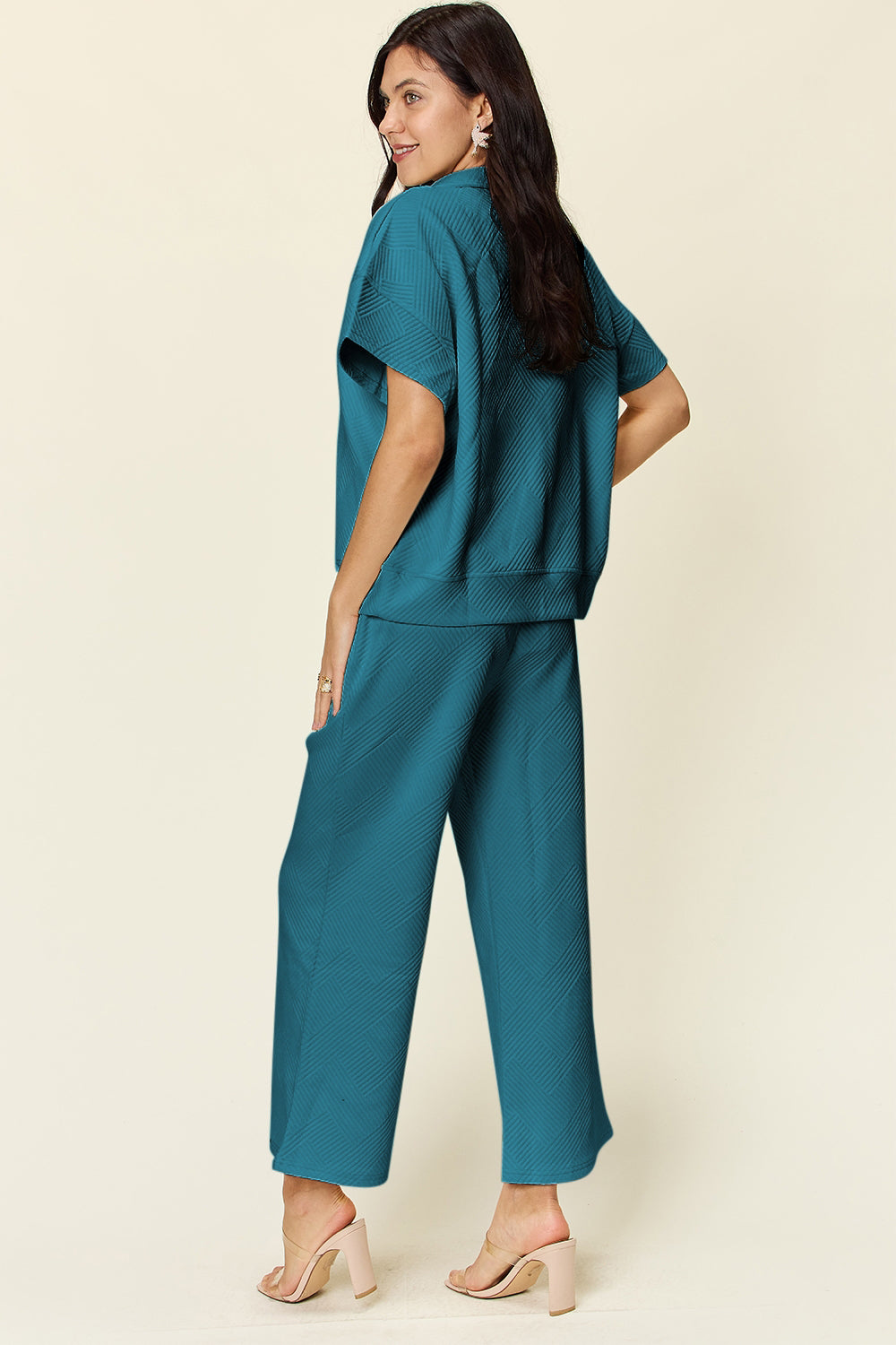 Double Take Full Size Texture Half Zip Short Sleeve Top and Pants Set Double Take Full Size Texture Half Zip Short Sleeve Top and Pants Set
