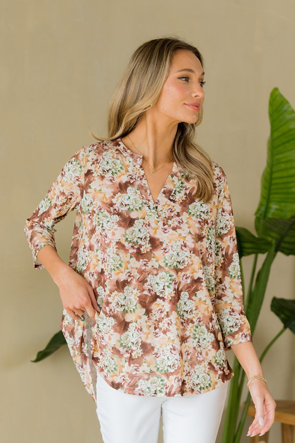 Sew In Love Full Size Wrinkle-Free Floral Notched Top Sew In Love Full Size Wrinkle-Free Floral Notched Top - TopFashionHQ