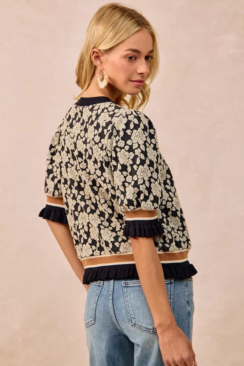 BiBi Textured Rose Knit Top Contrast Banded Puff Sleeve 7a90b604-91f4-451b-ac97-be2536557258-Max-Origin