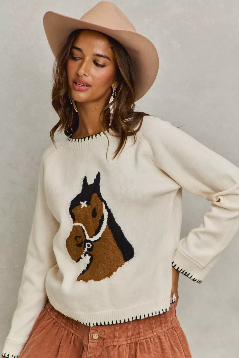 SO ME Horse Knit Sweater Top with Blanket Stitch 7a95e4da0f944b1981798c20943fb43a-Max-Origin