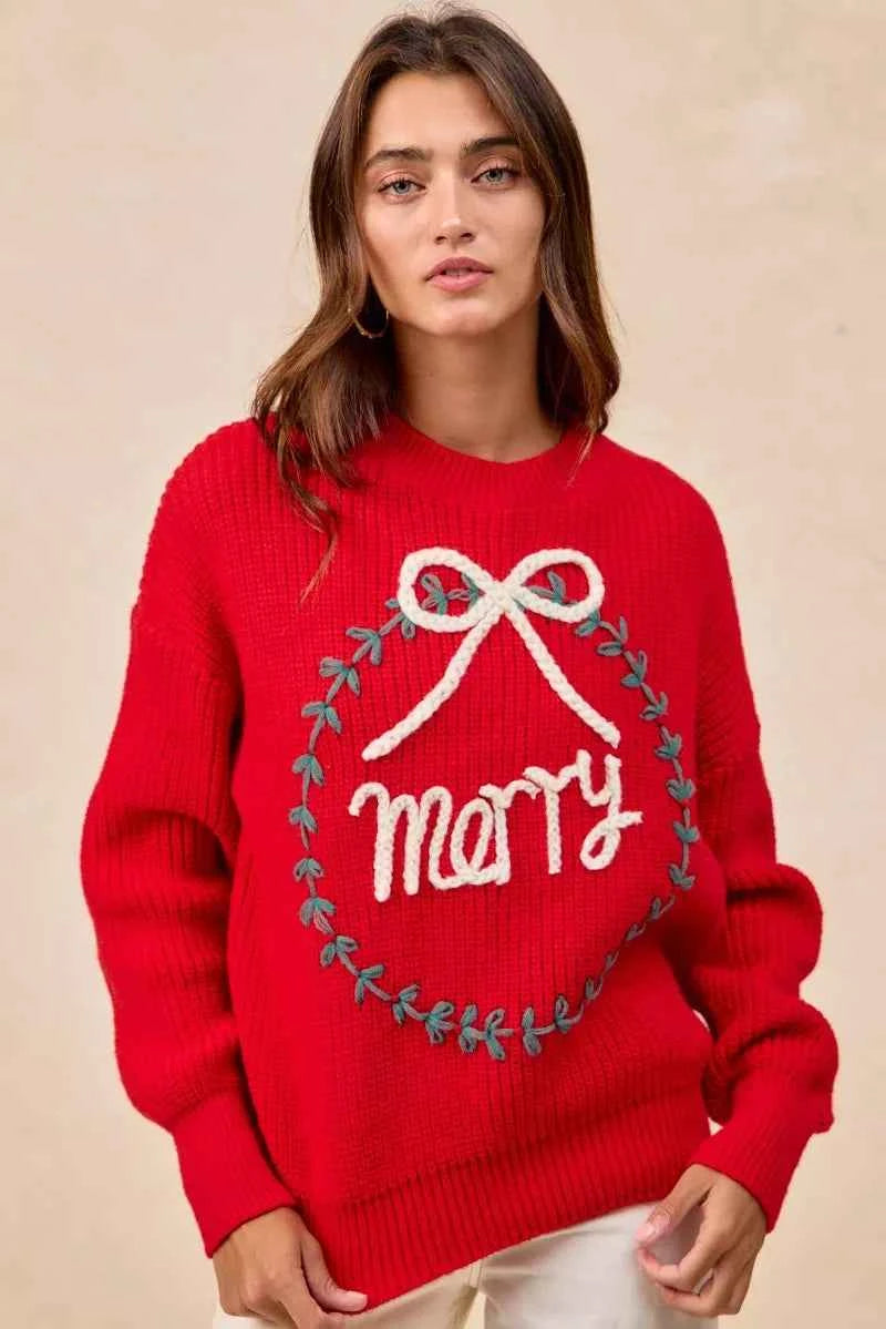 BiBi Christmas Wreath Merry Letter Knit Top BiBi Christmas Wreath Merry Letter Knit Top