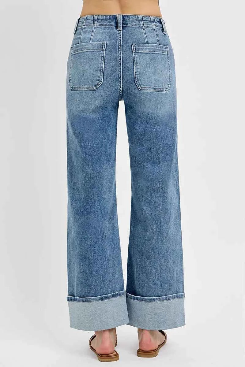 RISEN High Rise Ankle Wide Button Patch Pocket Cuffed Jeans RISEN High Rise Ankle Wide Button Patch Pocket Cuffed Jeans