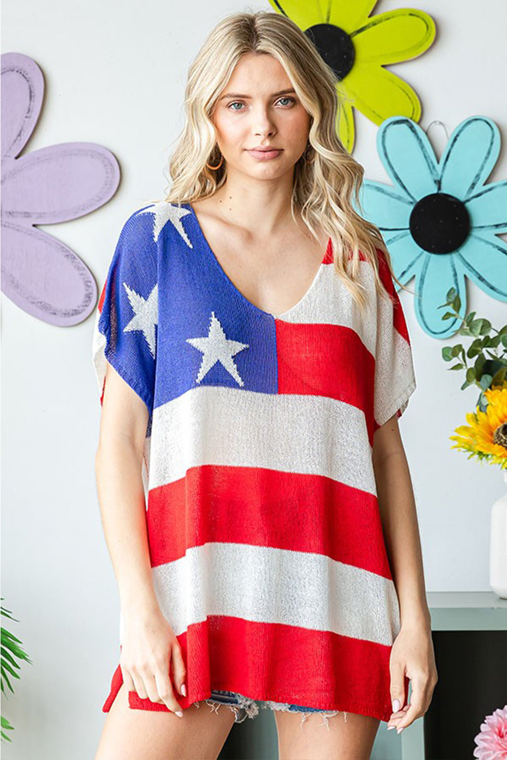 First Love Full Size USA Flag Drop Shoulder Knit Top First Love Full Size USA Flag Drop Shoulder Knit Top - TopFashionHQ