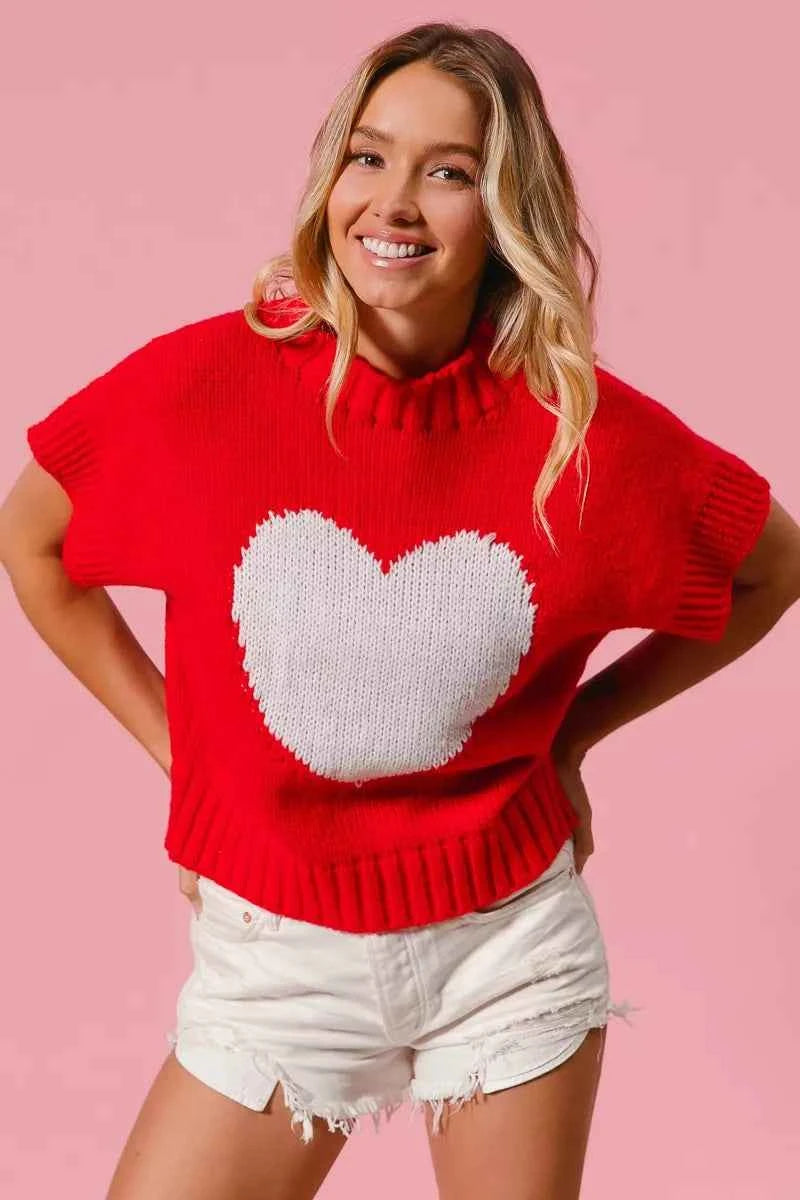 BiBi Rib Banded Heart Pattern Valentines Sweater BiBi Rib Banded Heart Pattern Valentines Sweater