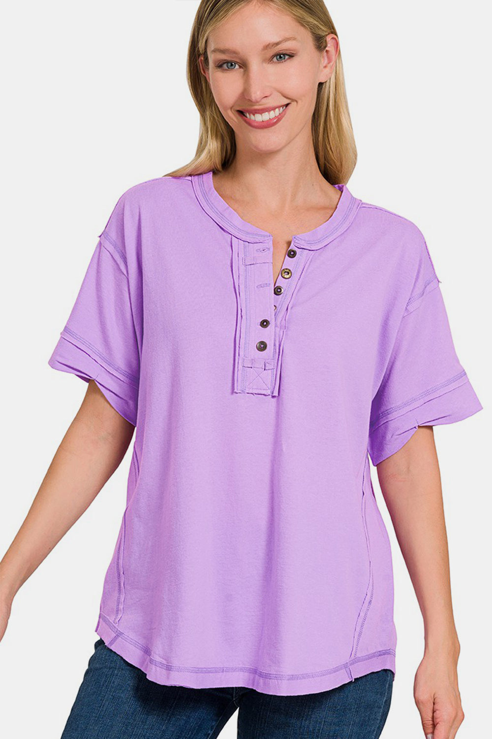 Zenana Exposed Seam Half Button Short Sleeve Top Zenana Exposed Seam Half Button Short Sleeve Top - TopFashionHQ