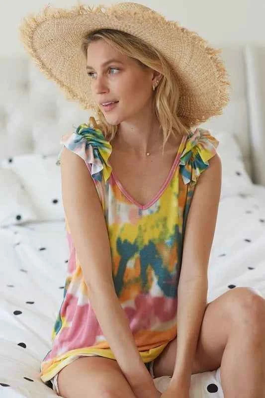 BiBi Circular Tie Dye Knit V Neck Top With Ruffle BiBi Circular Tie Dye Knit V Neck Top With Ruffle
