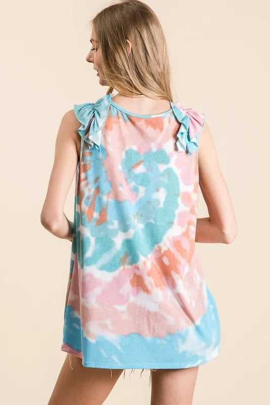 BiBi Circular Tie Dye Knit V Neck Top With Ruffle 7b5d02ba57964d90bd73485f61bbb969-Max-Origin