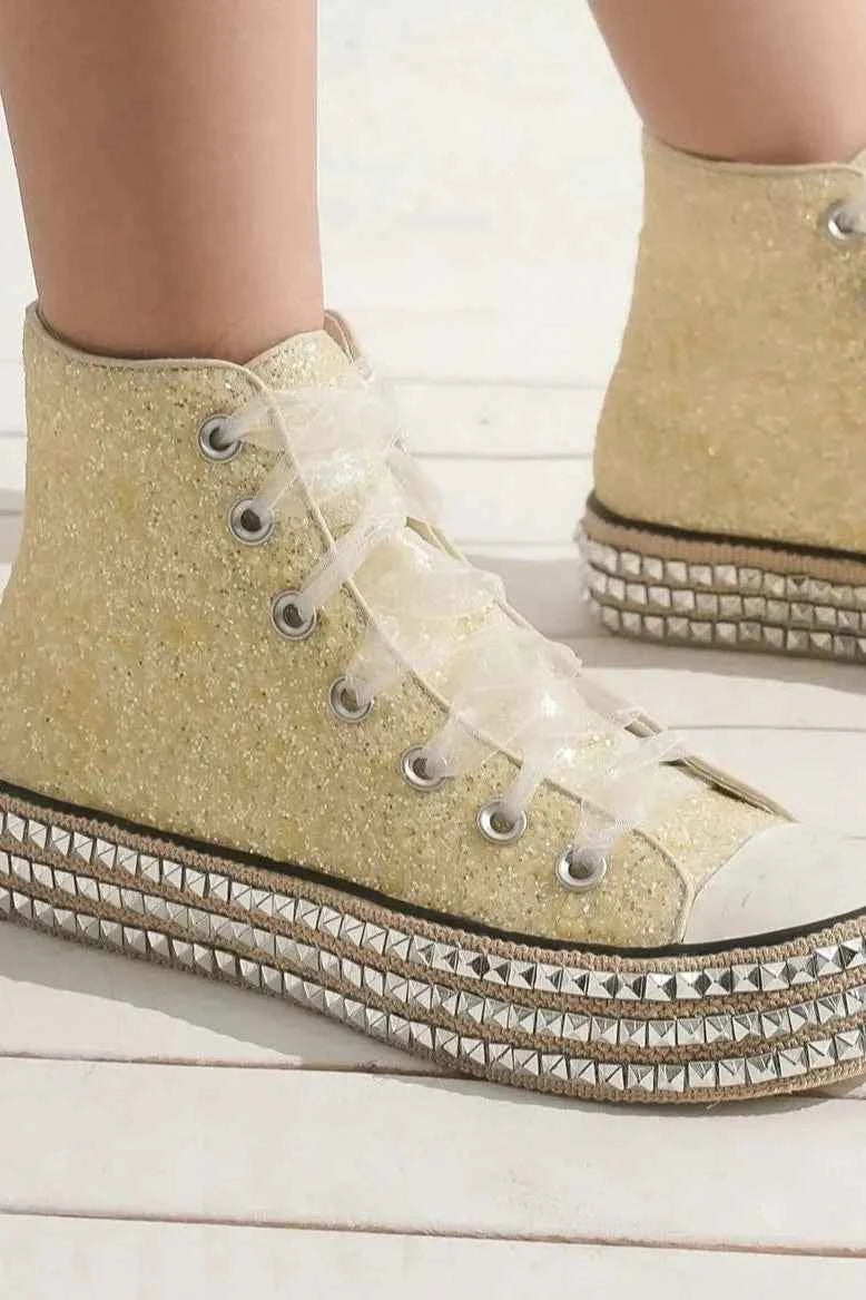 Beast Fashion Glitter Lace-Up Studded Platform Sneakers Beast Fashion Glitter Lace-Up Studded Platform Sneakers