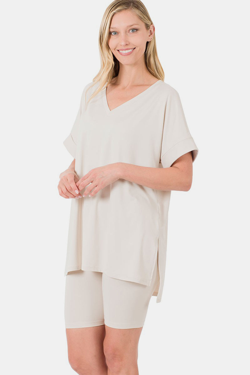 Zenana Full Size V-Neck Short Sleeve Slit T-Shirt and Shorts Set Zenana Full Size V-Neck Short Sleeve Slit T-Shirt and Shorts Set - TopFashionHQ