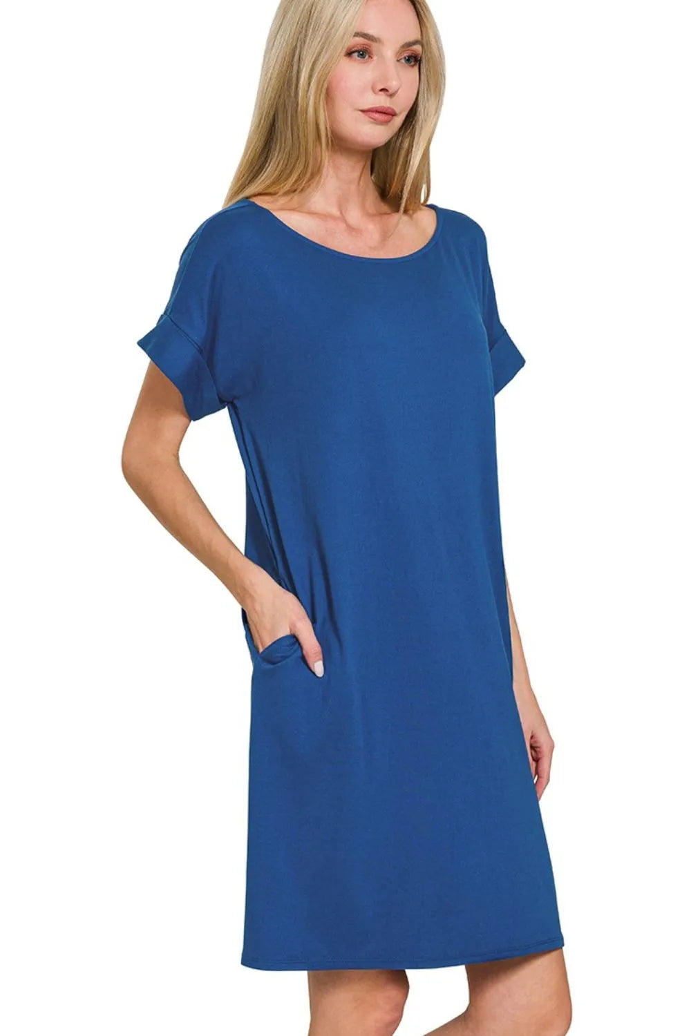 Zenana Rolled Short Sleeve Round Neck Dress 7baa6129-9d71-46f3-ac81-83eebaac1388-Max-Origin