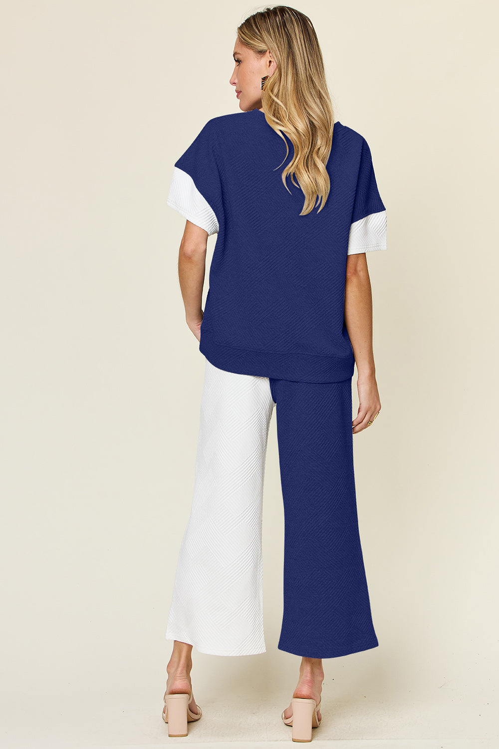 Double Take Full Size Texture Contrast T-Shirt and Wide Leg Pants Set Double Take Full Size Texture Contrast T-Shirt and Wide Leg Pants Set