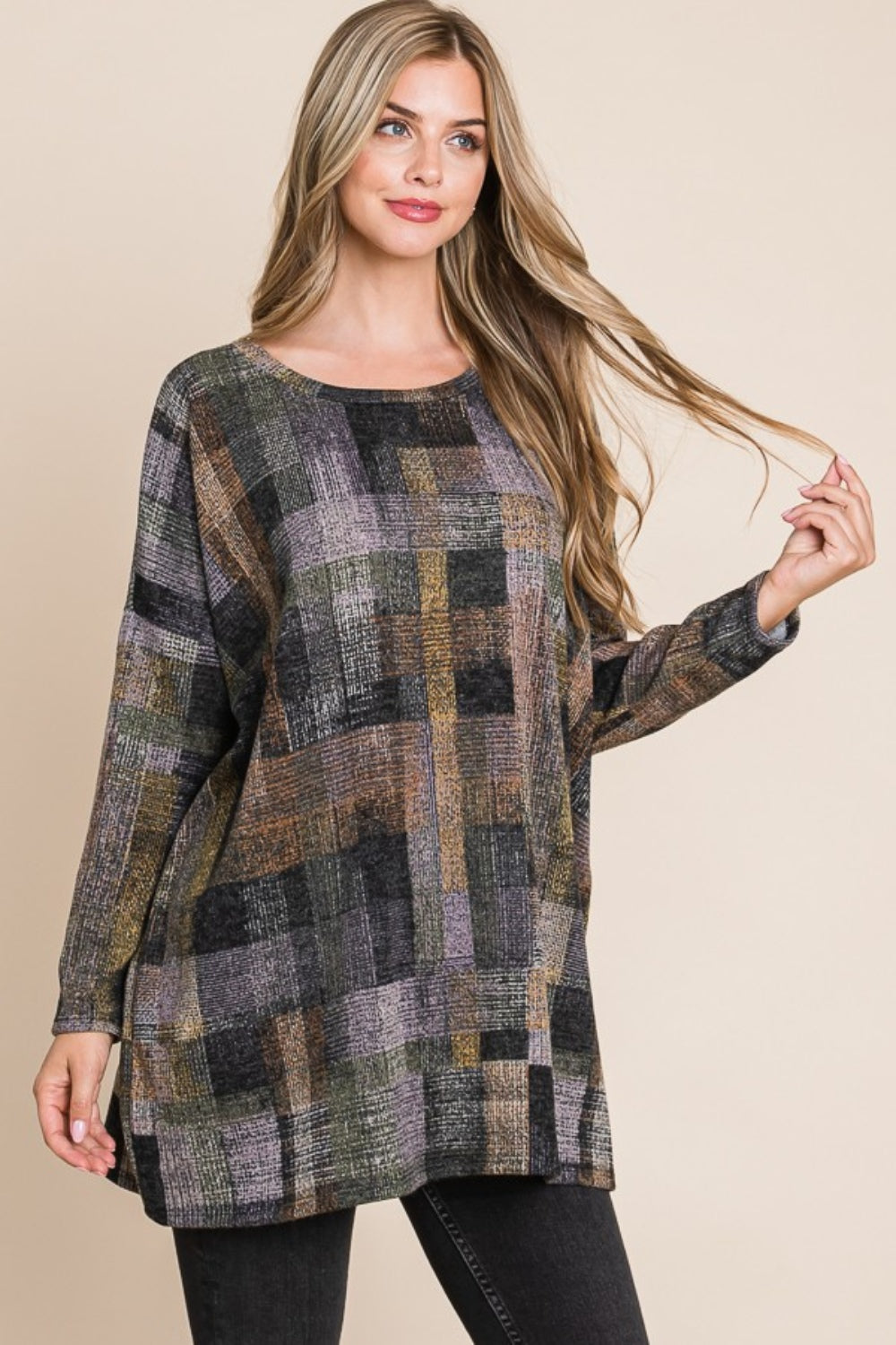 BOMBOM Plaid Round Neck Long Sleeve Top BOMBOM Plaid Round Neck Long Sleeve Top - TopFashionHQ
