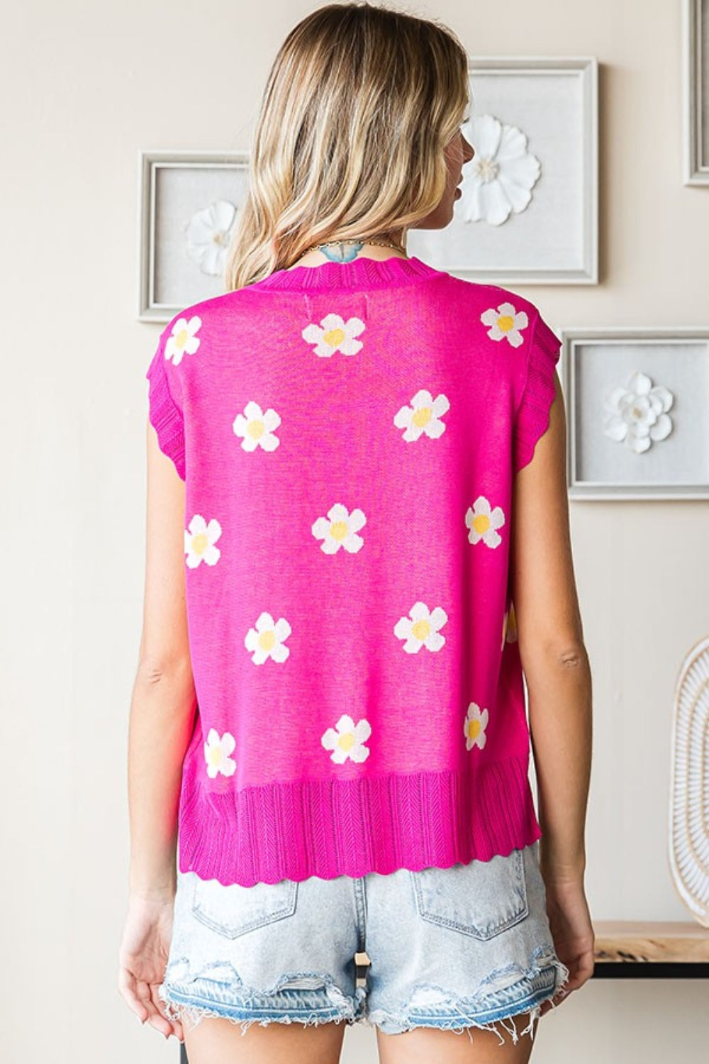 First Love Full Size Flower Pattern Round Neck Sweater Vest First Love Full Size Flower Pattern Round Neck Sweater Vest - TopFashionHQ