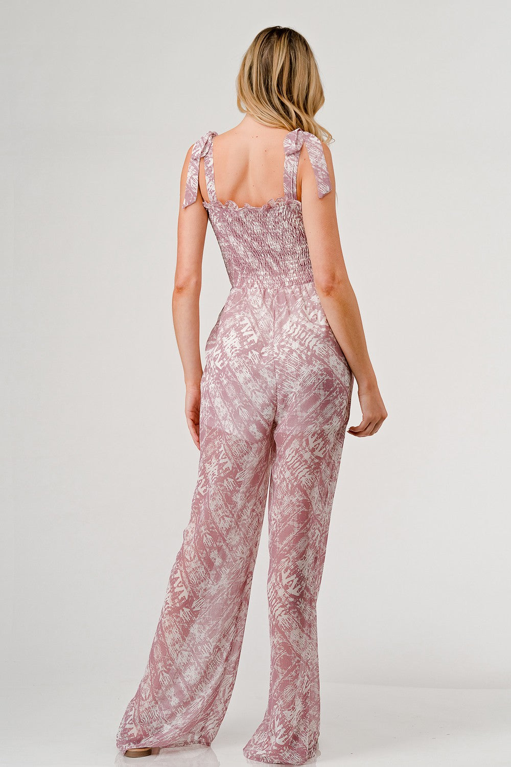 GeeGee Printed Tie Shoulder Wide Leg Jumpsuit GeeGee Printed Tie Shoulder Wide Leg Jumpsuit - TopFashionHQ