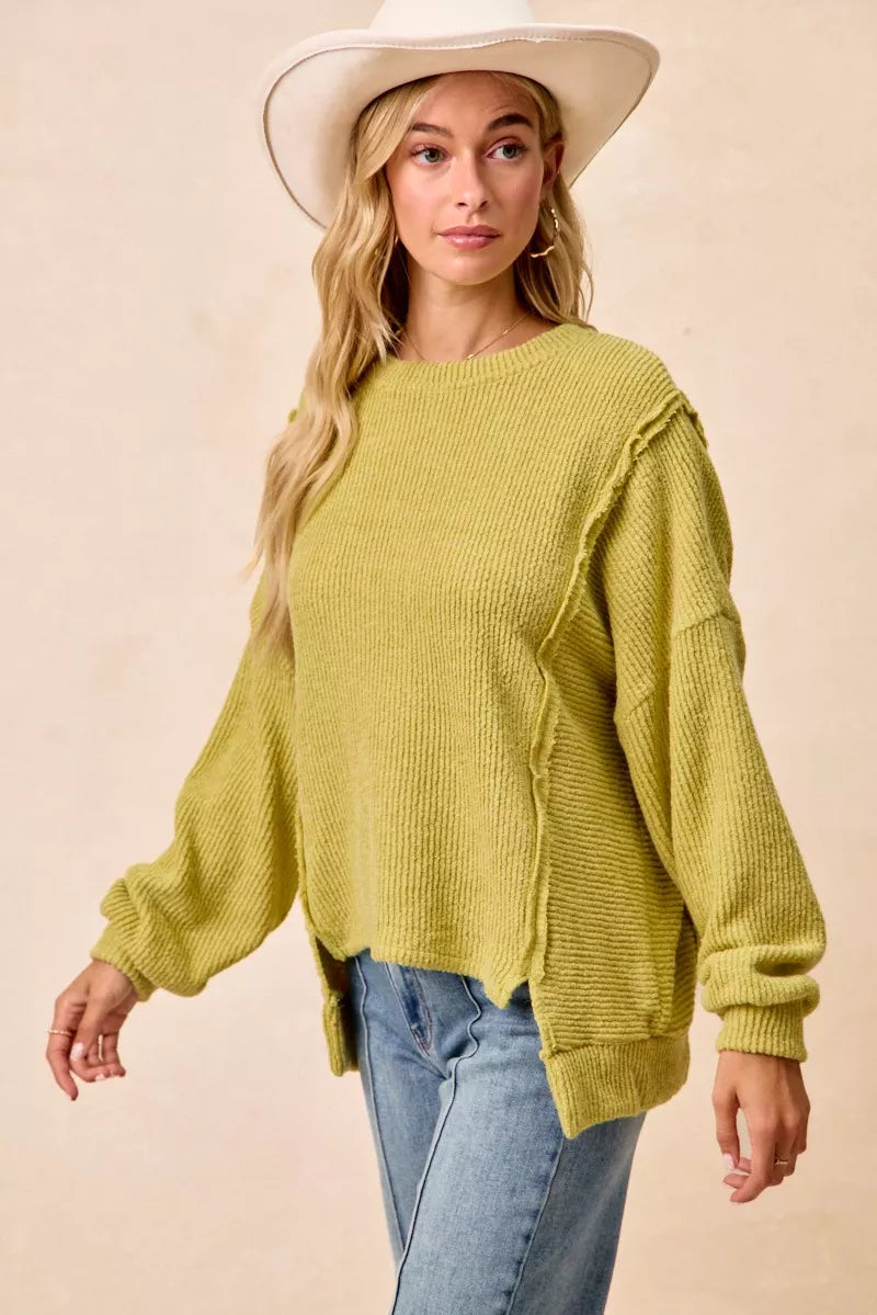 BiBi Boucle Rib Knit Uneven Hem Sweater With Open Seam 7c14663d5e85421aaab93b140b69877a-Max-Origin