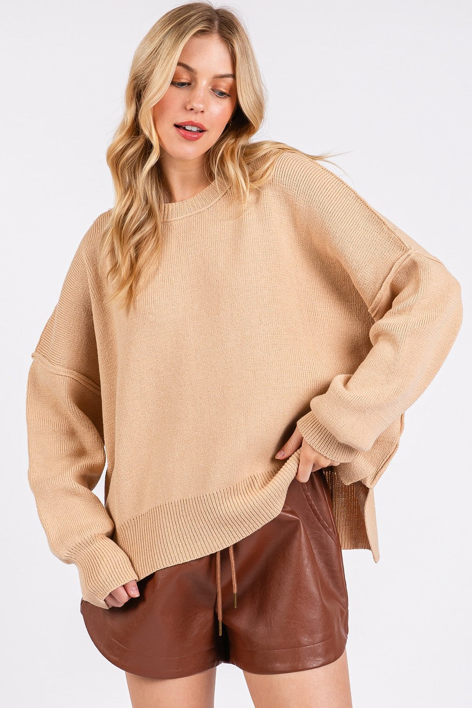 Mittoshop Side Slit Round Neck Drop Shoulder Sweater Mittoshop Side Slit Round Neck Drop Shoulder Sweater