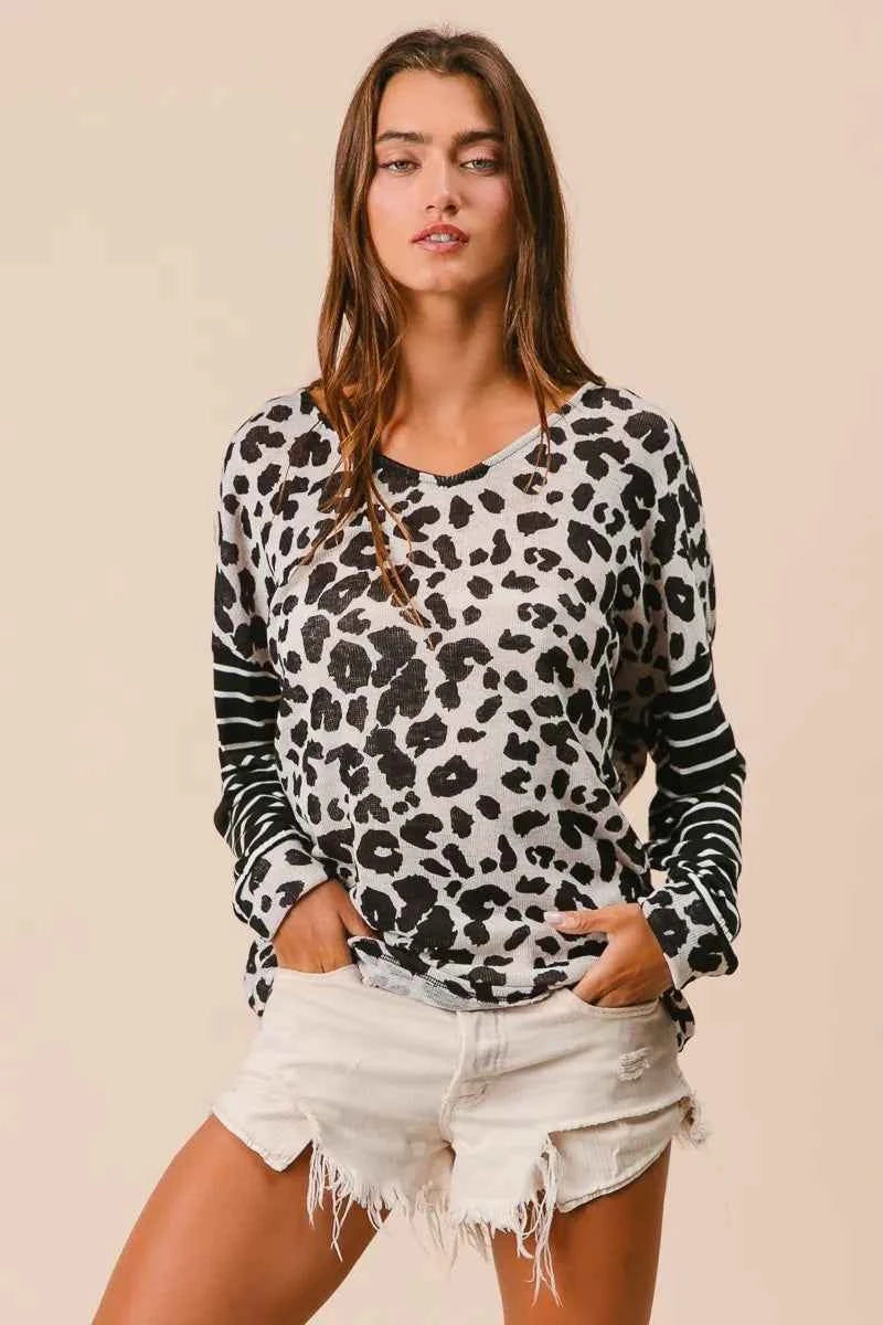 BiBi Leopard Hacci Knit Twist Back Top With Stripe Sleeve BiBi Leopard Hacci Knit Twist Back Top With Stripe Sleeve