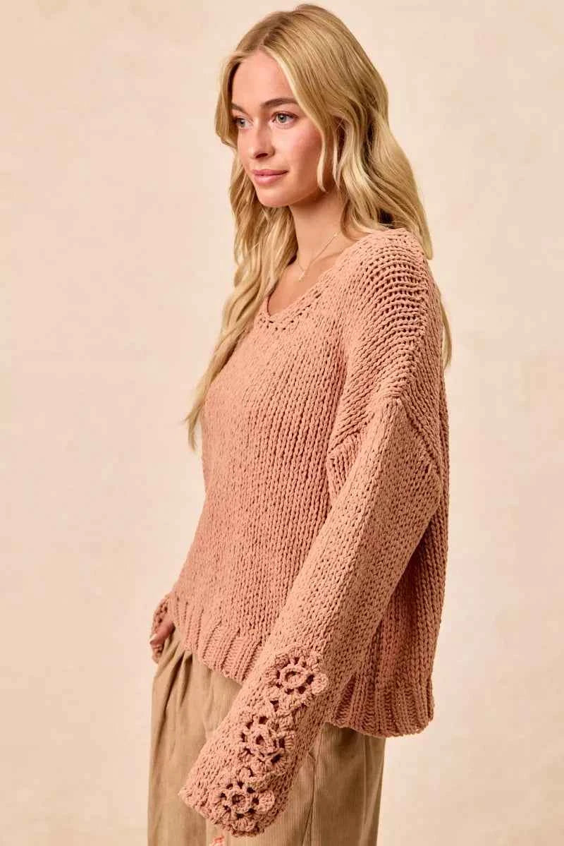 BiBi Chunky Knit Sweater with Flower Detail Sleeves BiBi Chunky Knit Sweater with Flower Detail Sleeves