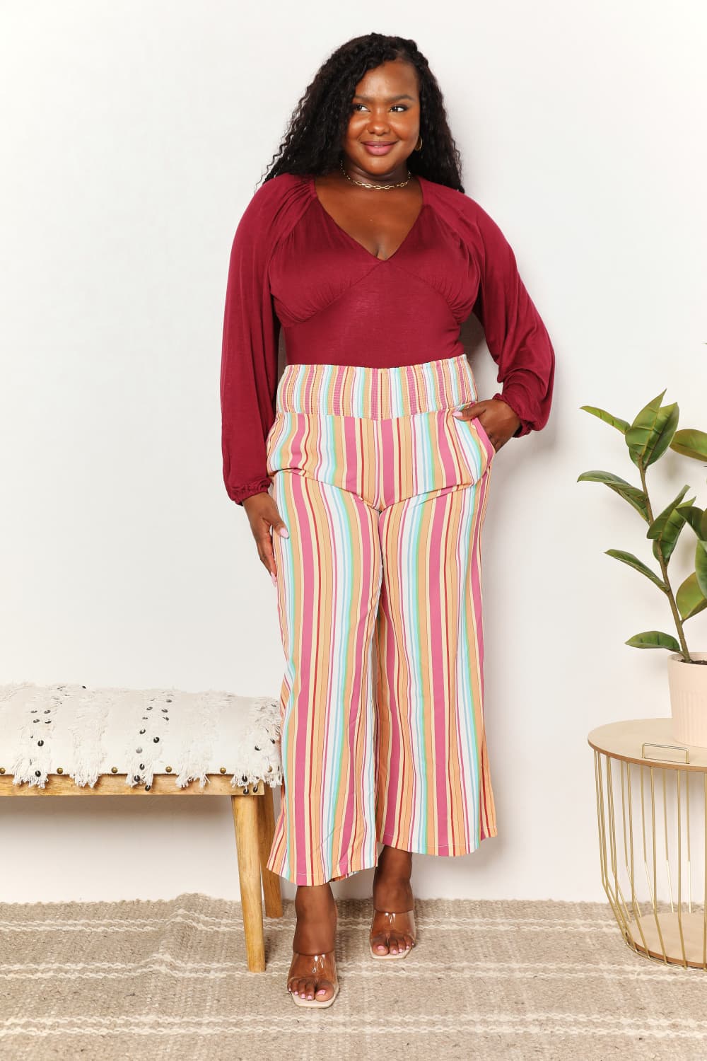 Double Take Striped Smocked Waist Pants with Pockets Double Take Striped Smocked Waist Pants with Pockets - TopFashionHQ