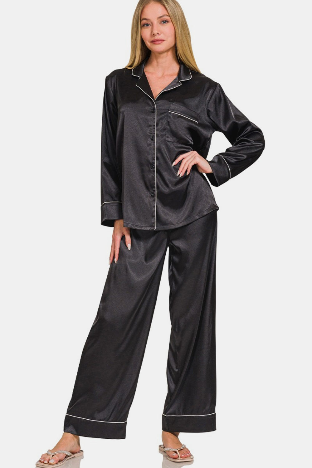 Zenana Satin Long Sleeve Shirt and Pants Pajama Set Zenana Satin Long Sleeve Shirt and Pants Pajama Set - TopFashionHQ