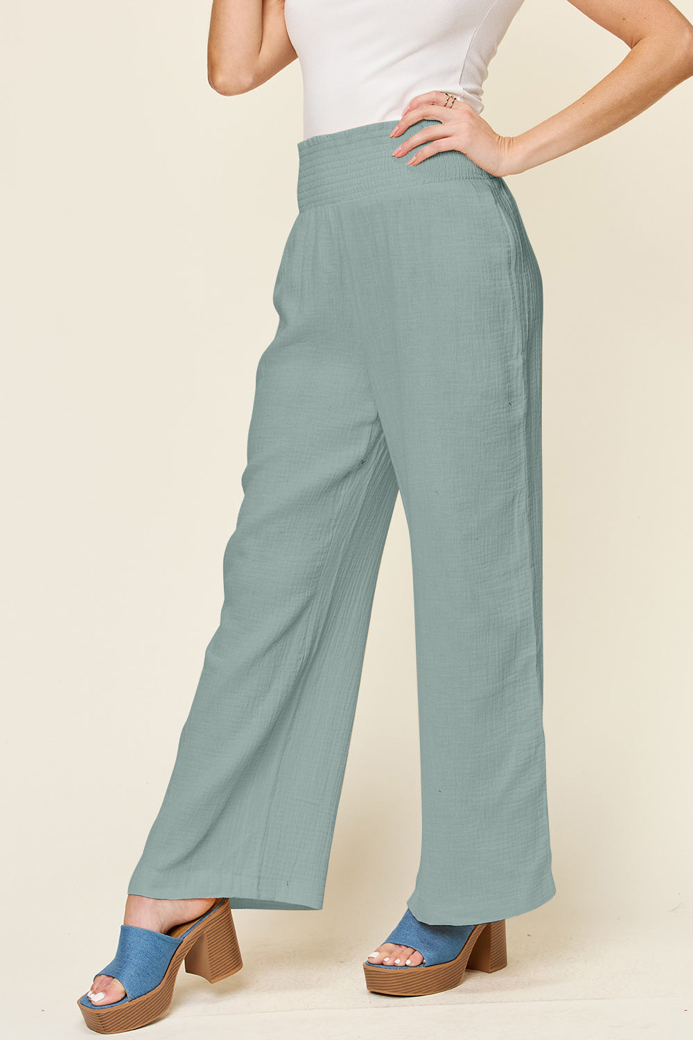 Double Take Full Size Texture Smocked Waist Wide Leg Pants Double Take Full Size Texture Smocked Waist Wide Leg Pants