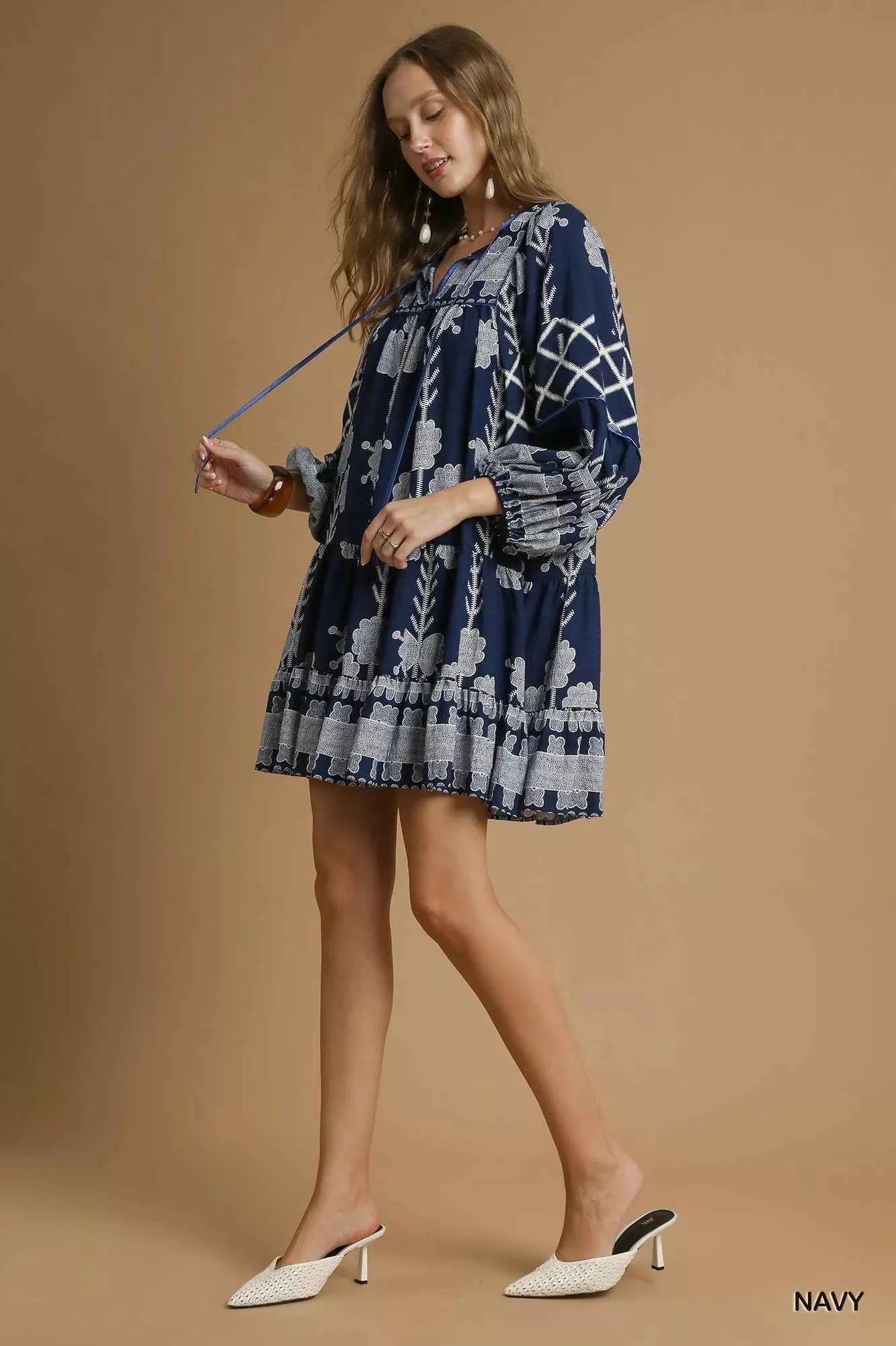 Umgee Tribal Print Dress with Tie Neck Umgee Tribal Print Dress with Tie Neck