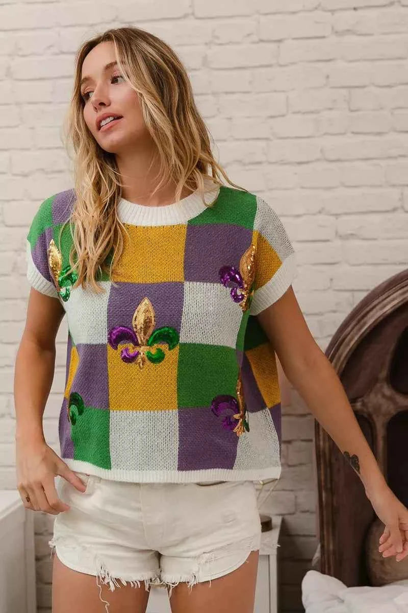 BiBi Sequin Embroidery Mardi Gras Checker Sweater Top BiBi Sequin Embroidery Mardi Gras Checker Sweater Top