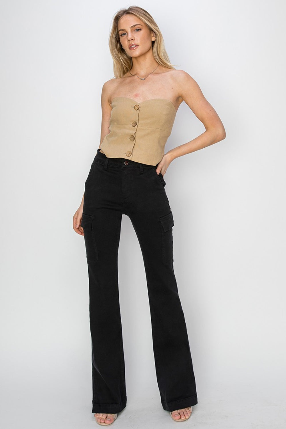 RISEN Full Size High Rise Side Slit Cargo Bootcut Jeans RISEN Full Size High Rise Side Slit Cargo Bootcut Jeans - TopFashionHQ