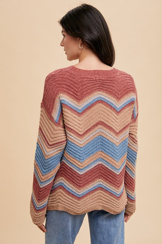 Annie Wear Multi Color Zig-Zag Round Neck Sweater Annie Wear Multi Color Zig-Zag Round Neck Sweater