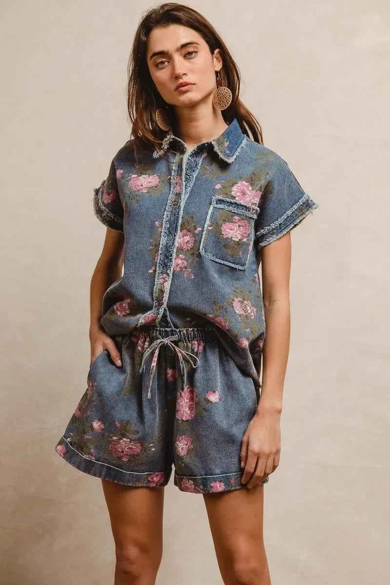 BiBi Floral Printed Denim Short Pants With Pocket BiBi Floral Printed Denim Short Pants With Pocket