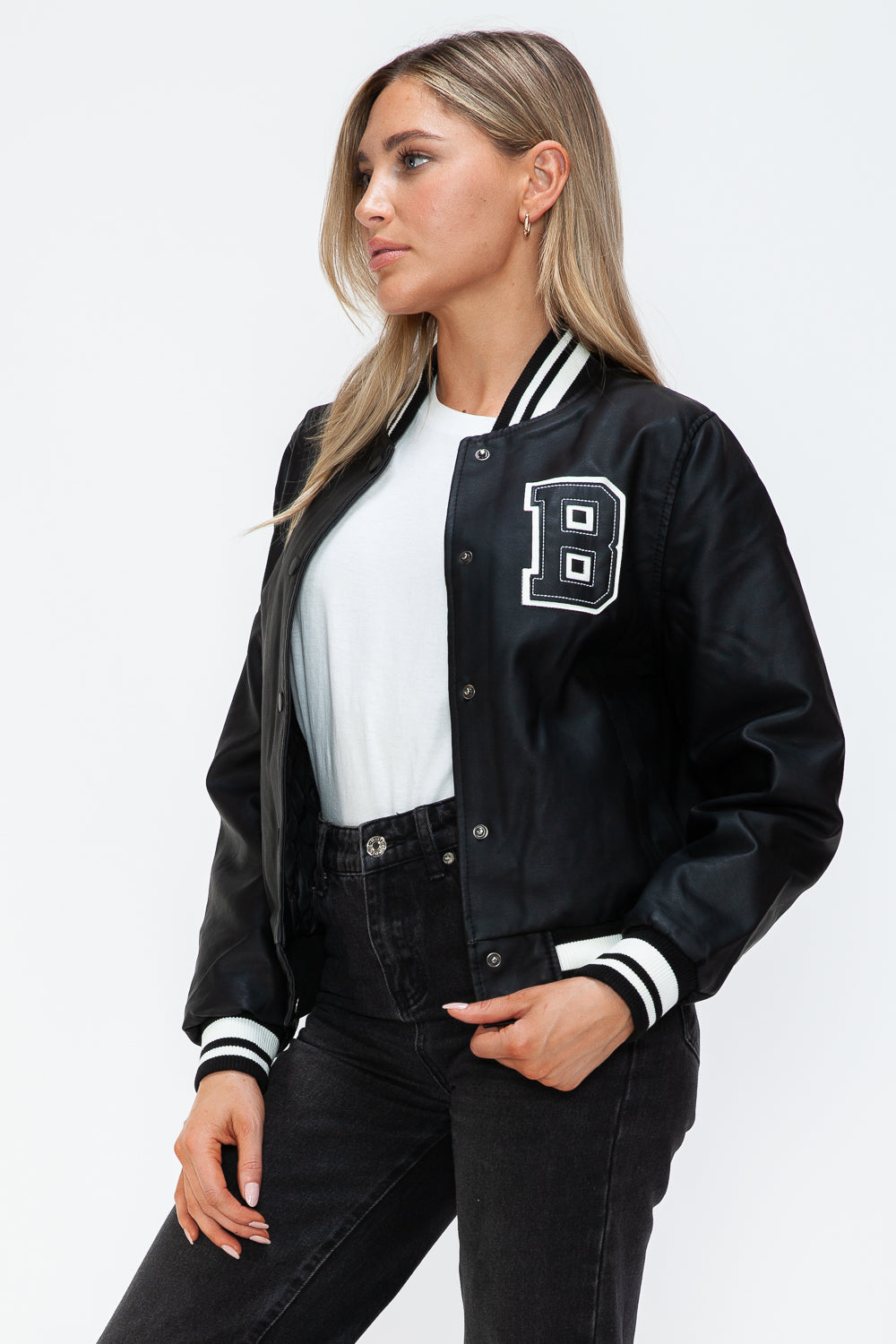 Love Me Now PU Leather Contrast Snap Down Bomber Jacket Love Me Now PU Leather Contrast Snap Down Bomber Jacket - TopFashionHQ