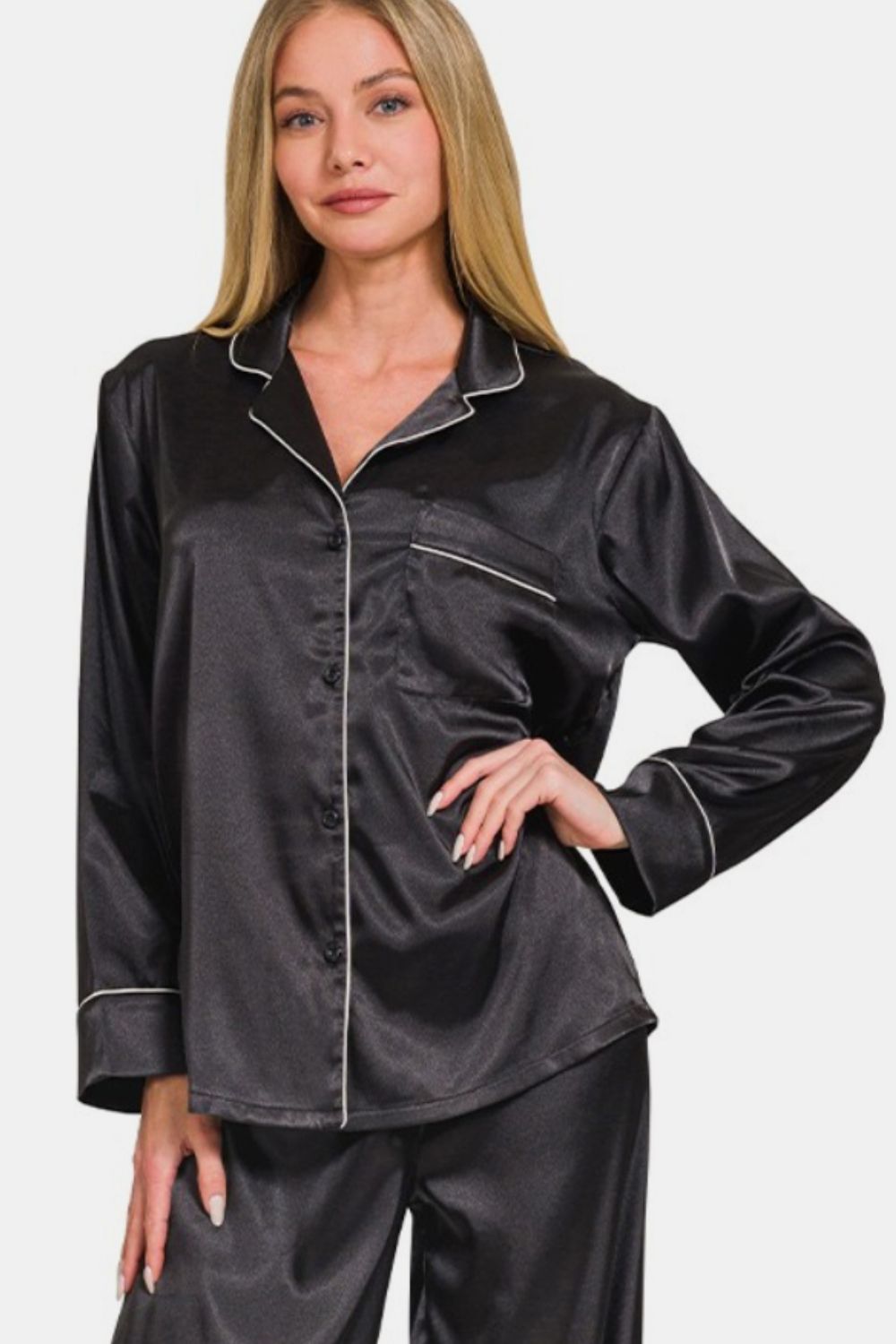Zenana Satin Long Sleeve Shirt and Pants Pajama Set Zenana Satin Long Sleeve Shirt and Pants Pajama Set - TopFashionHQ