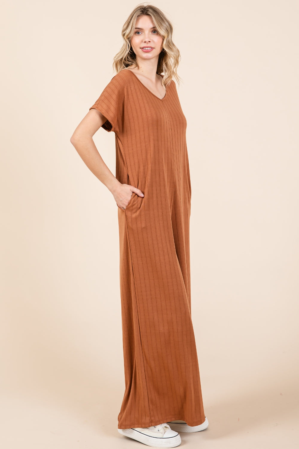 BOMBOM Ribbed Short Sleeve Wide Leg Jumpsuit BOMBOM Ribbed Short Sleeve Wide Leg Jumpsuit - TopFashionHQ