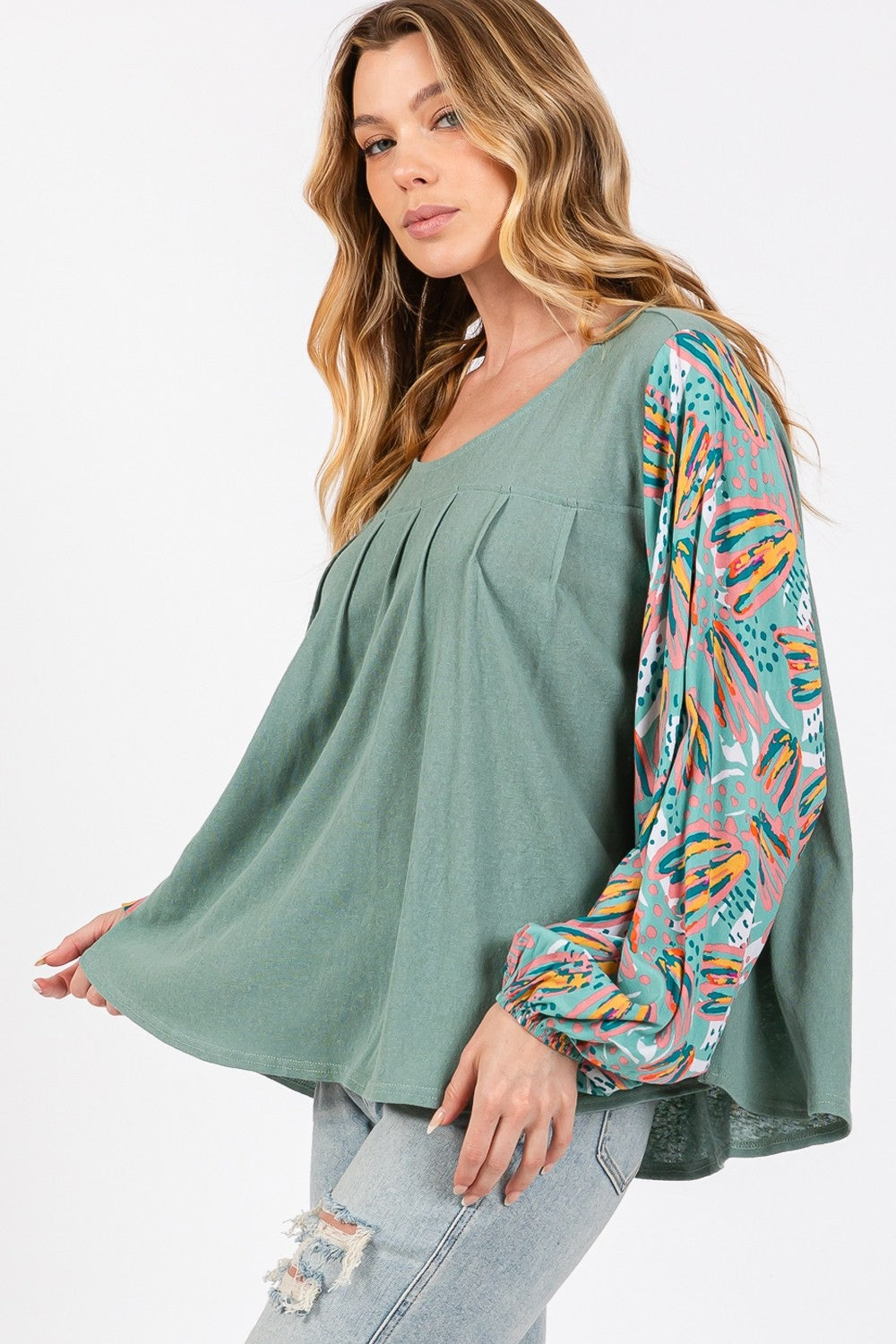 SAGE + FIG Ruched Round Neck Printed Bubble Sleeve Top SAGE + FIG Ruched Round Neck Printed Bubble Sleeve Top - TopFashionHQ