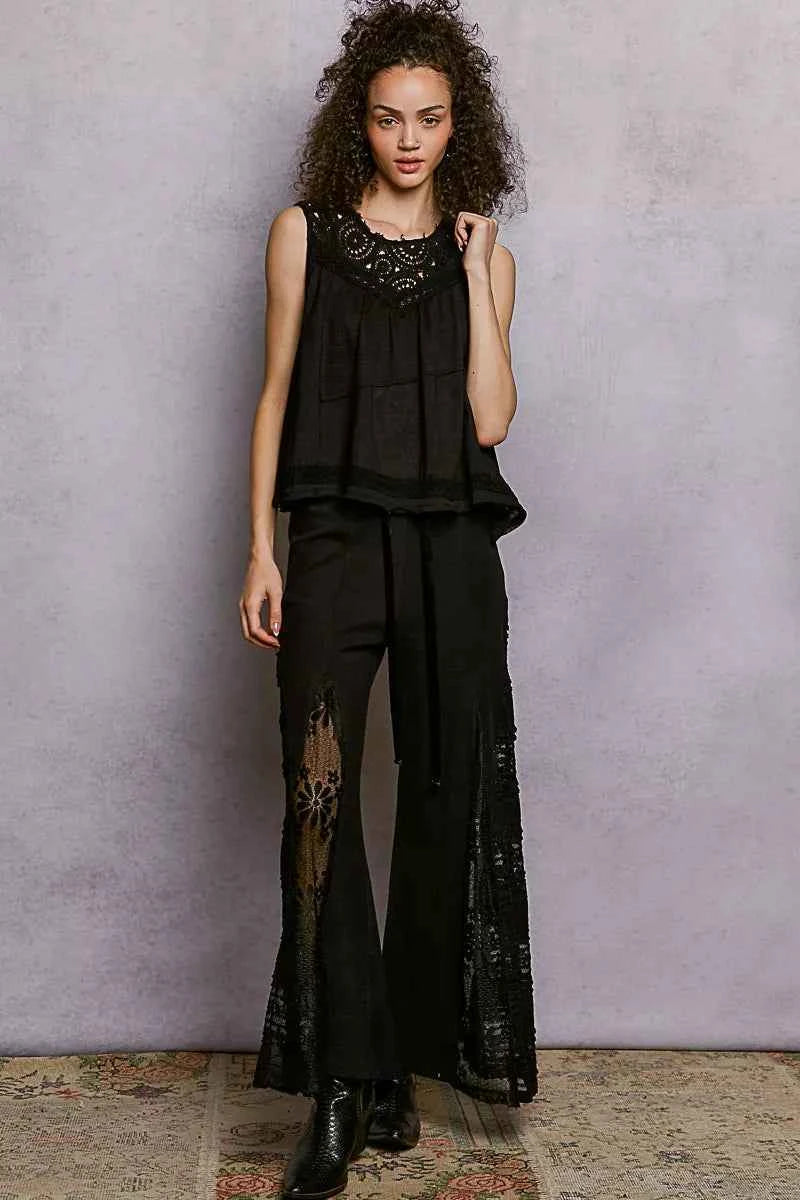 POL Round Neck Sleeveless Top with Crochet Contrast POL Round Neck Sleeveless Top with Crochet Contrast