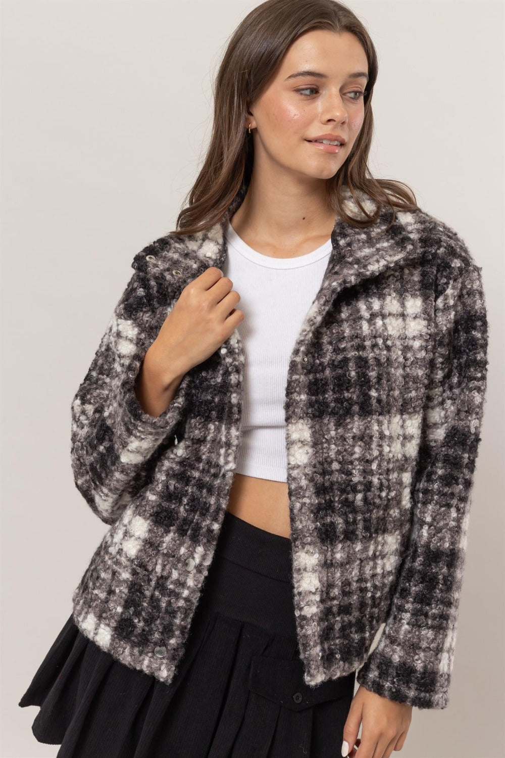 HYFVE Plaid Collared Neck Boucle Jacket with Pockets HYFVE Plaid Collared Neck Boucle Jacket with Pockets
