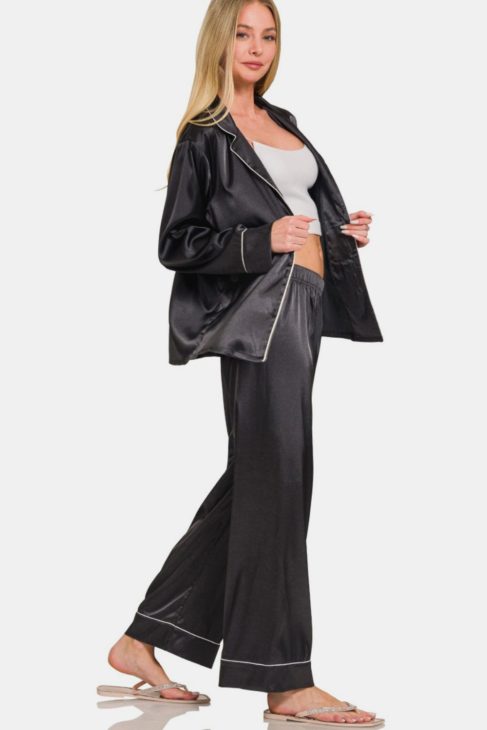 Zenana Satin Long Sleeve Shirt and Pants Pajama Set Zenana Satin Long Sleeve Shirt and Pants Pajama Set - TopFashionHQ