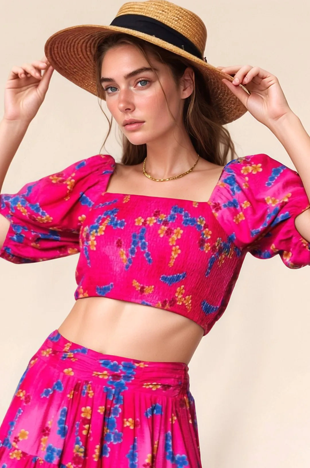 Davi & Dani Smocing Bodice Puff Short Sleeve Printed Crop Top 7d9724e4056d455aa1cd0ff306164601-Max-Origin