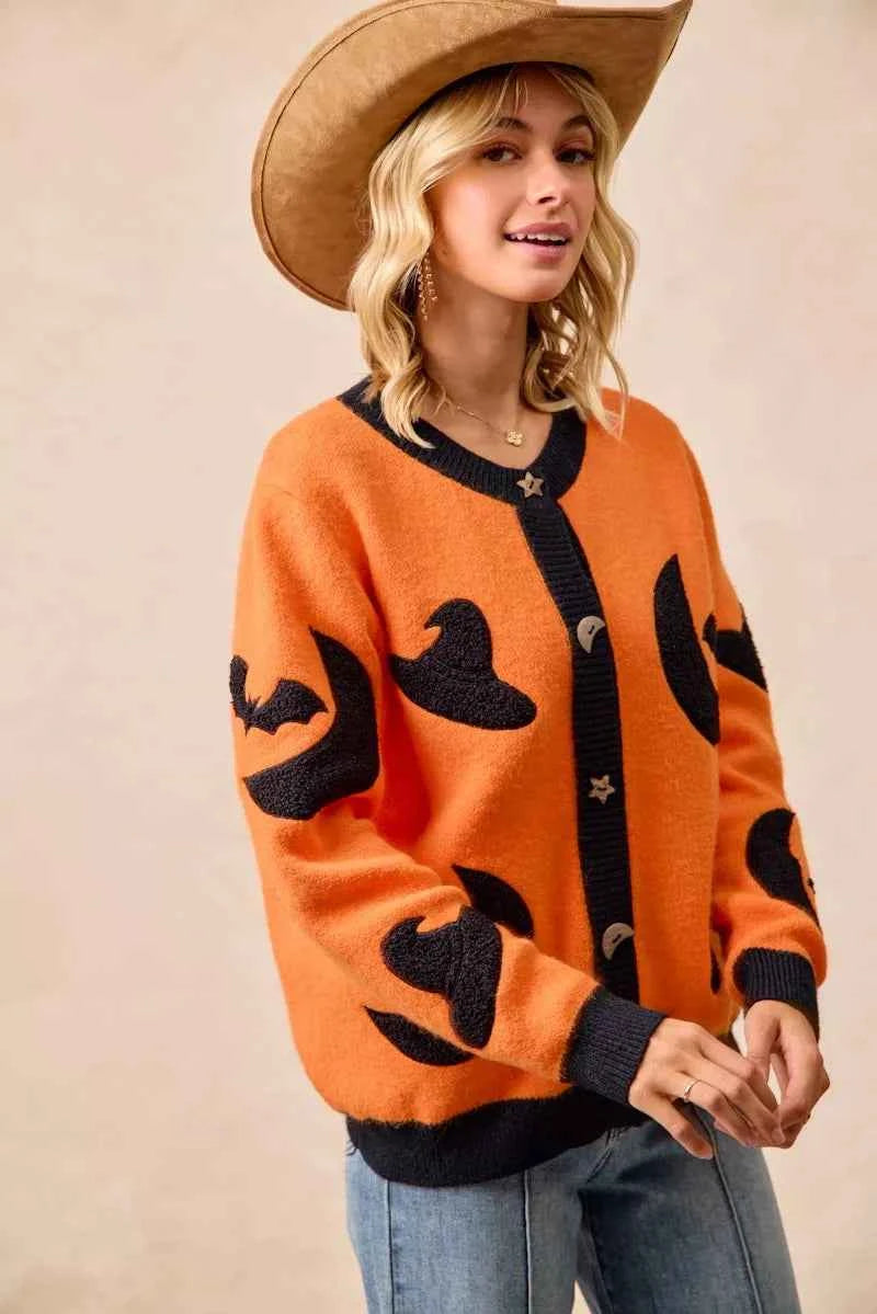 BiBi Halloween Witch Hat Moon Bat Artwork Cardigan BiBi Halloween Witch Hat Moon Bat Artwork Cardigan