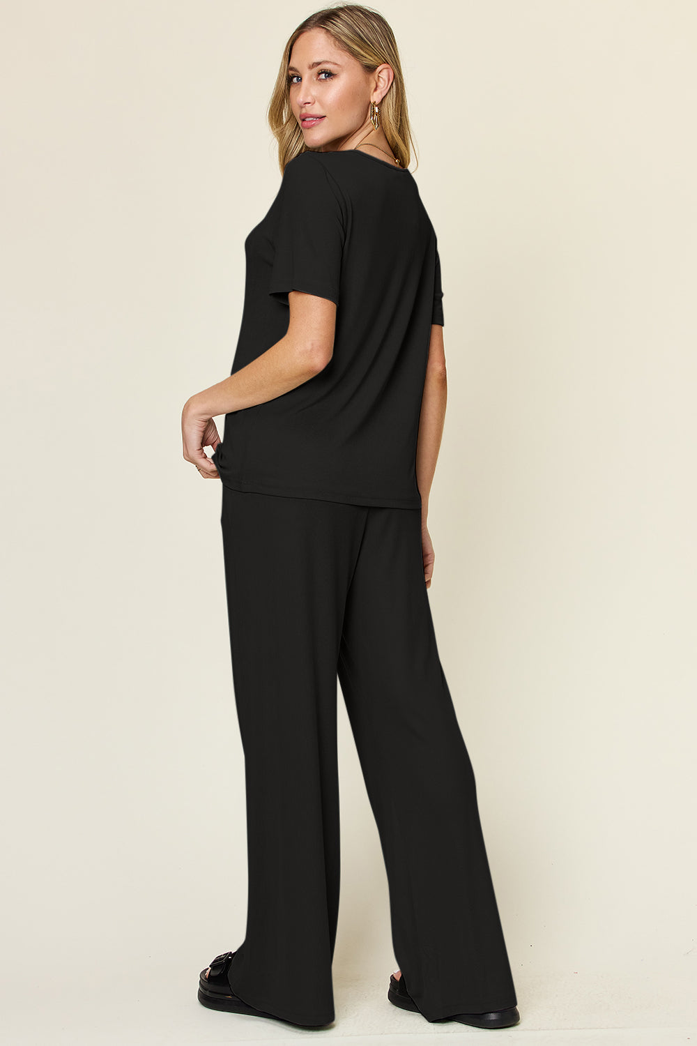 Double Take Full Size Round Neck Short Sleeve T-Shirt and Wide Leg Pants Set Double Take Full Size Round Neck Short Sleeve T-Shirt and Wide Leg Pants Set