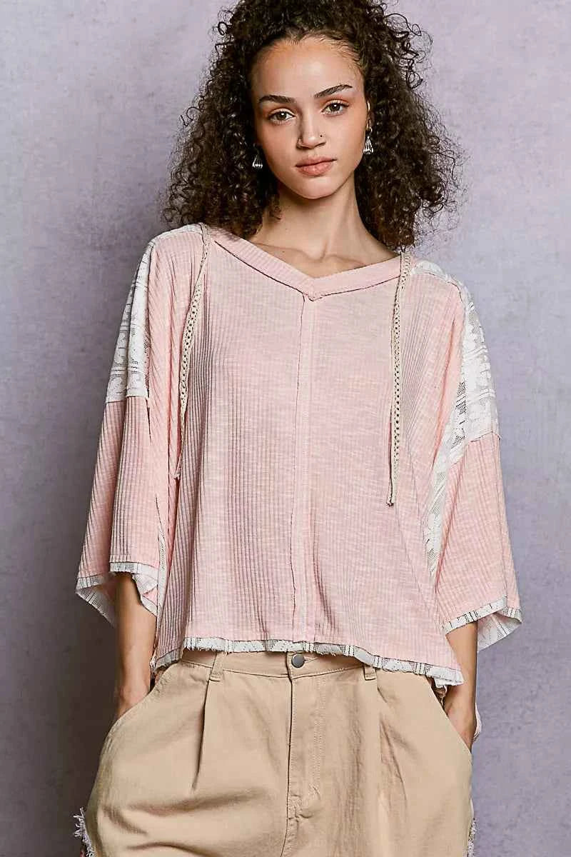 POL Short Sleeve Hoodie Top with Lace Detail POL Short Sleeve Hoodie Top with Lace Detail