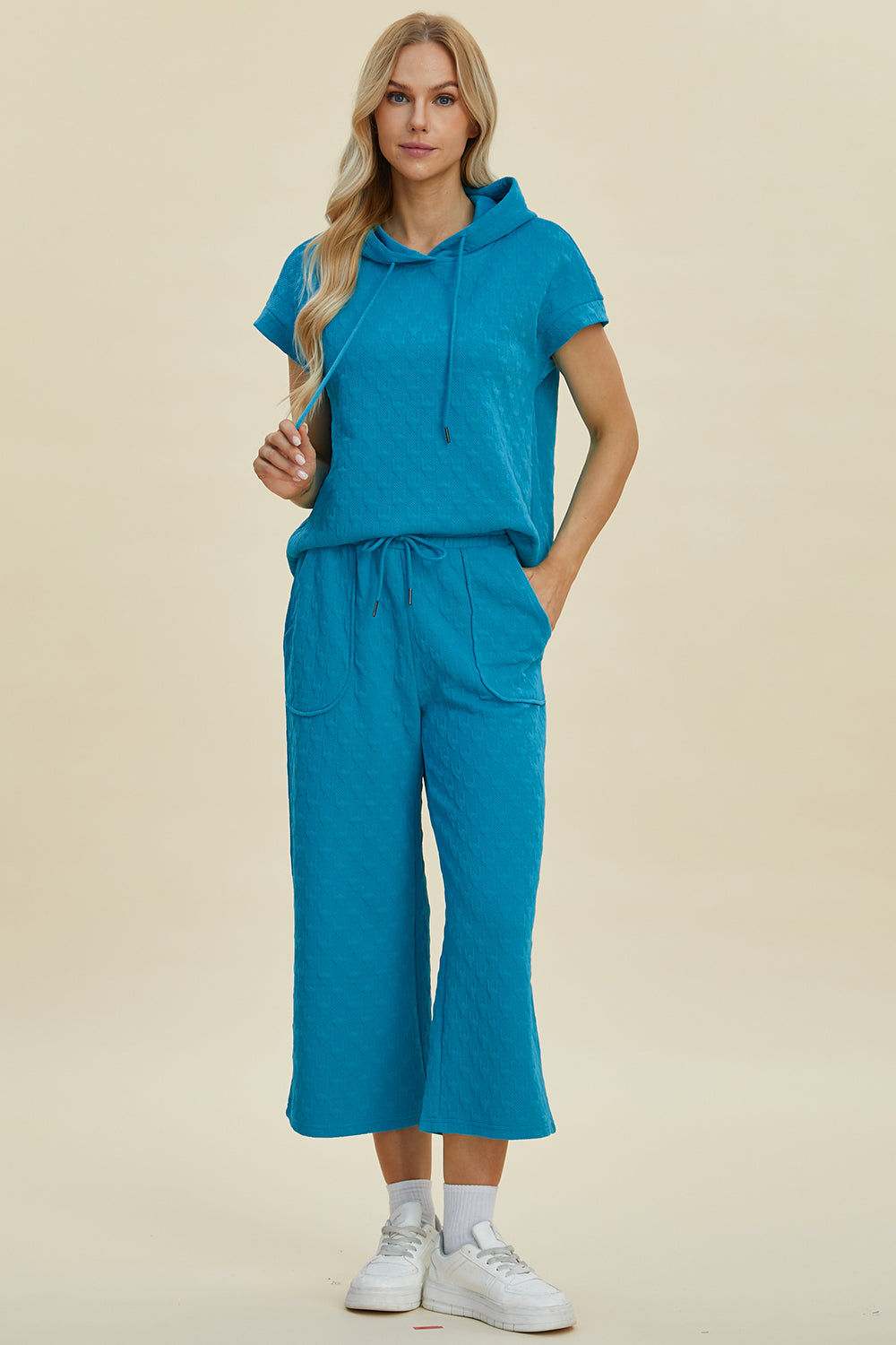 Double Take Full Size Texture Drawstring Short Sleeve Hoodie and Pocketed Pants Set Double Take Full Size Texture Drawstring Short Sleeve Hoodie and Pocketed Pants Set
