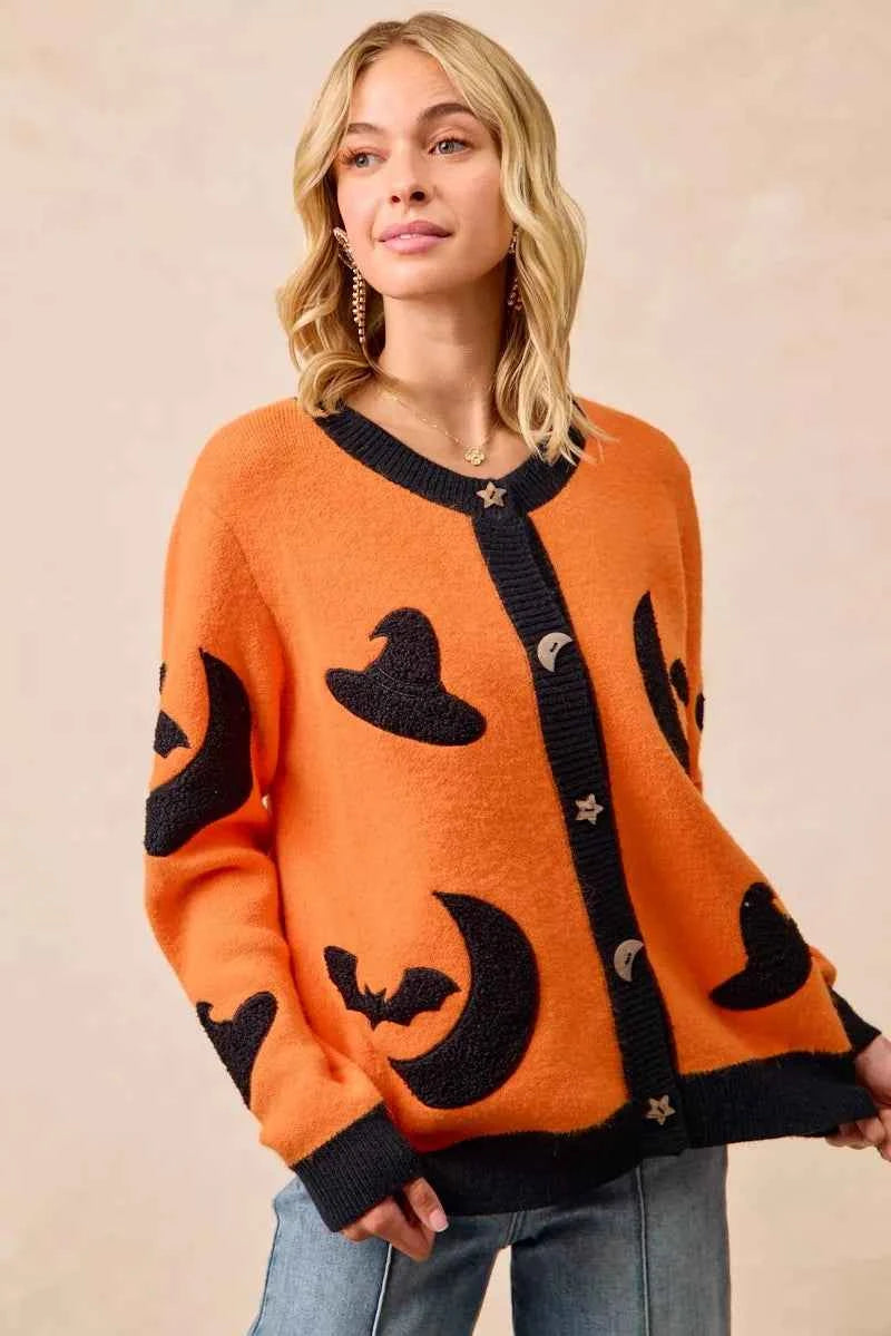 BiBi Halloween Witch Hat Moon Bat Artwork Cardigan BiBi Halloween Witch Hat Moon Bat Artwork Cardigan
