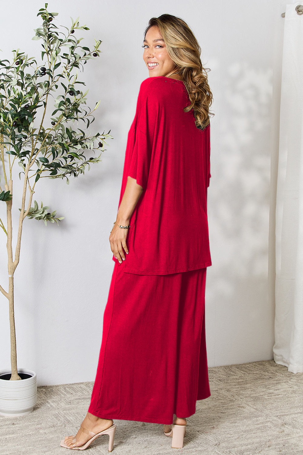 Double Take Full Size Round Neck Slit Top and Pants Set Double Take Full Size Round Neck Slit Top and Pants Set - TopFashionHQ